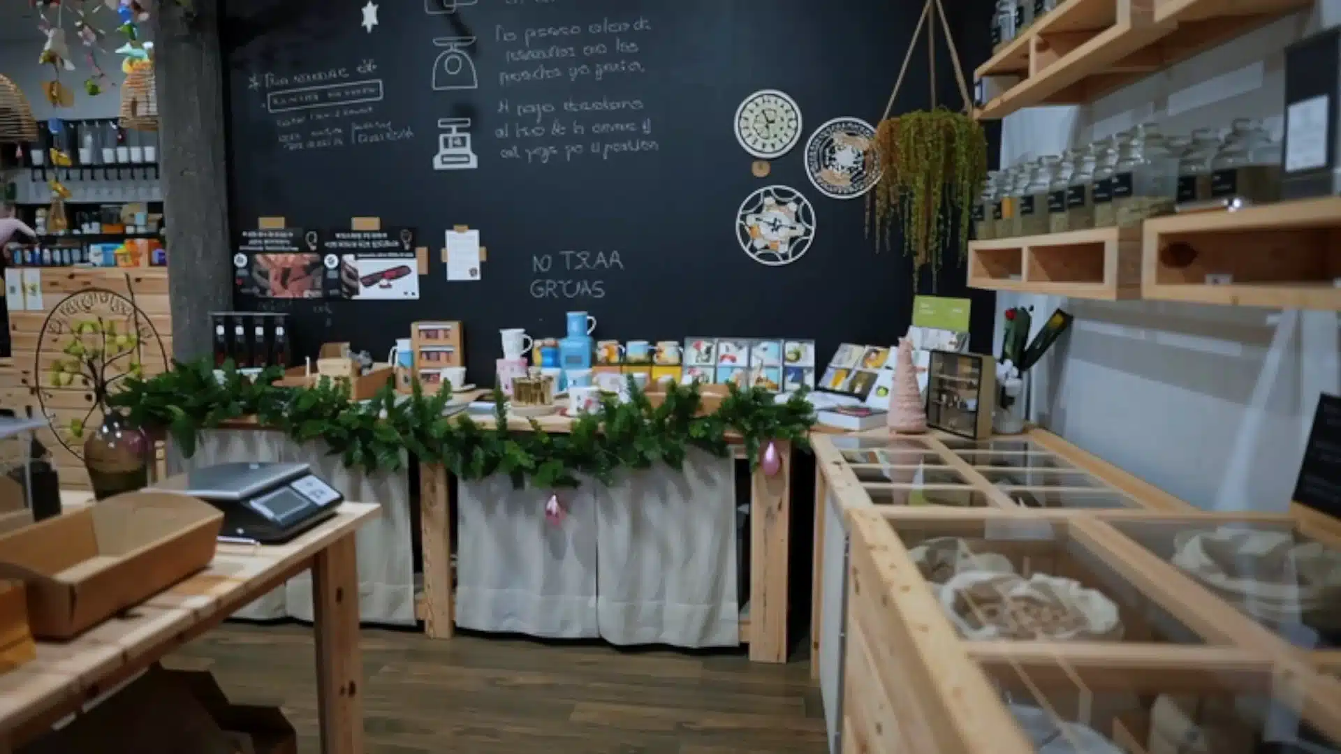 Pared de pizarra y baldas de madera en un local comercial reformado